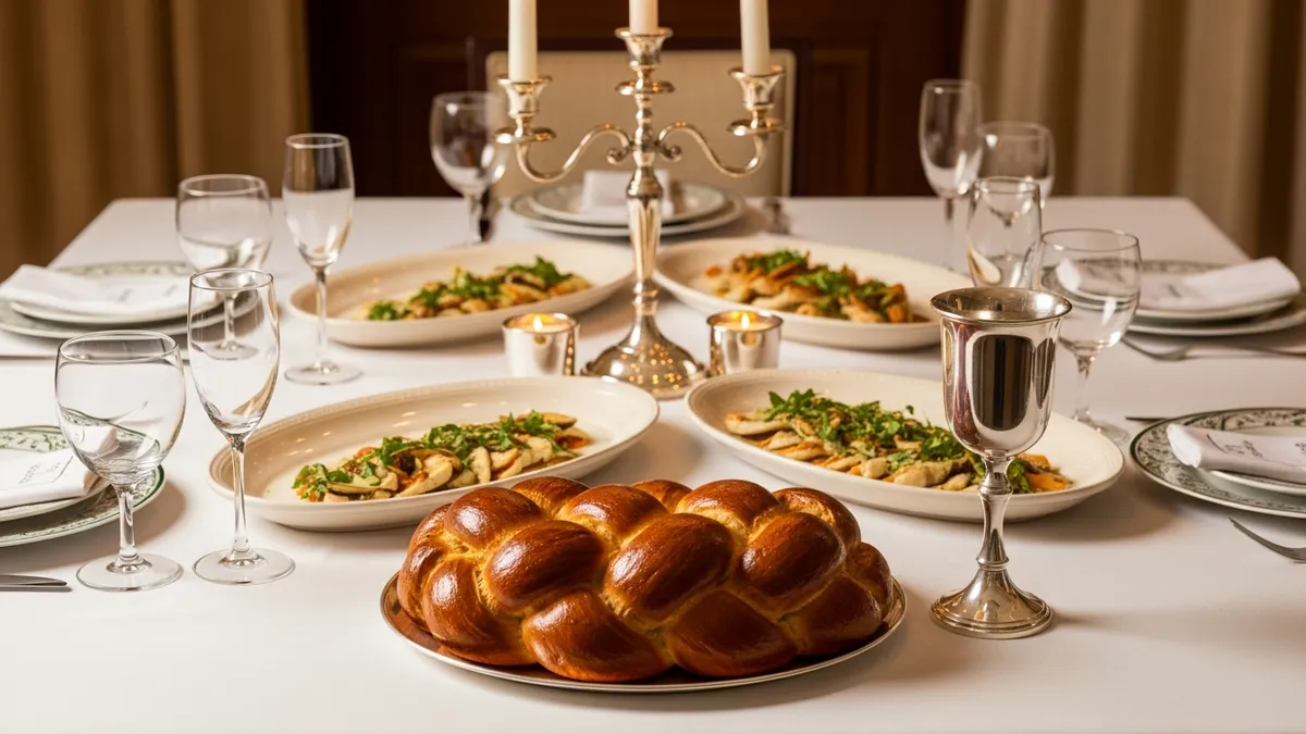 Elegant Shabbos table with braided challah, silver kiddush cup, and kosher platters in warm candlelight