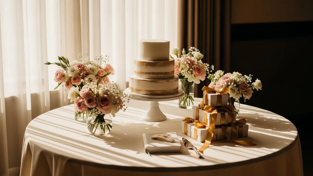 An elegant celebration table with cake, flowers, gifts, and a white prayer book